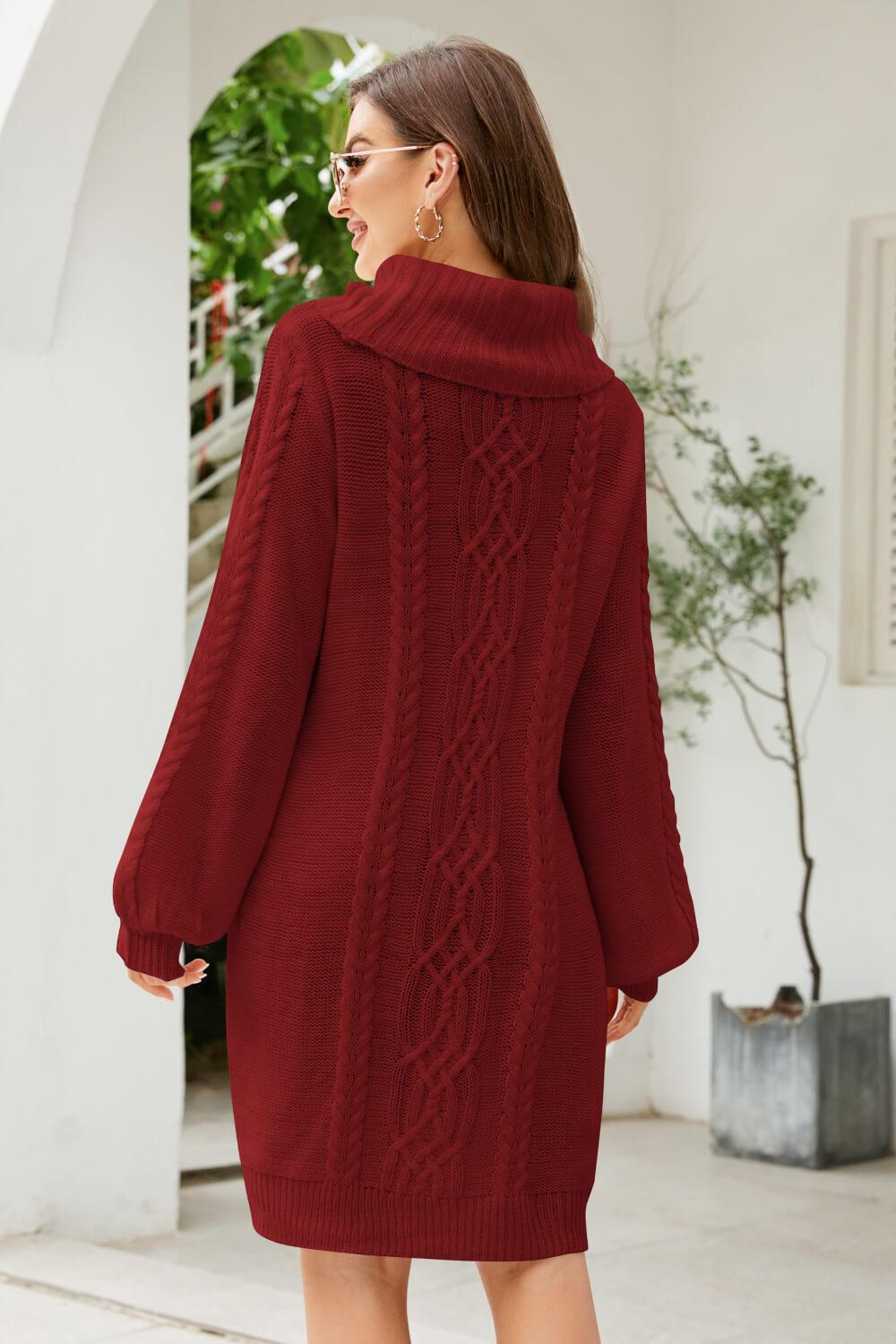 Mixed Knit Turtleneck Lantern Sleeve Sweater Dress - Lecatta