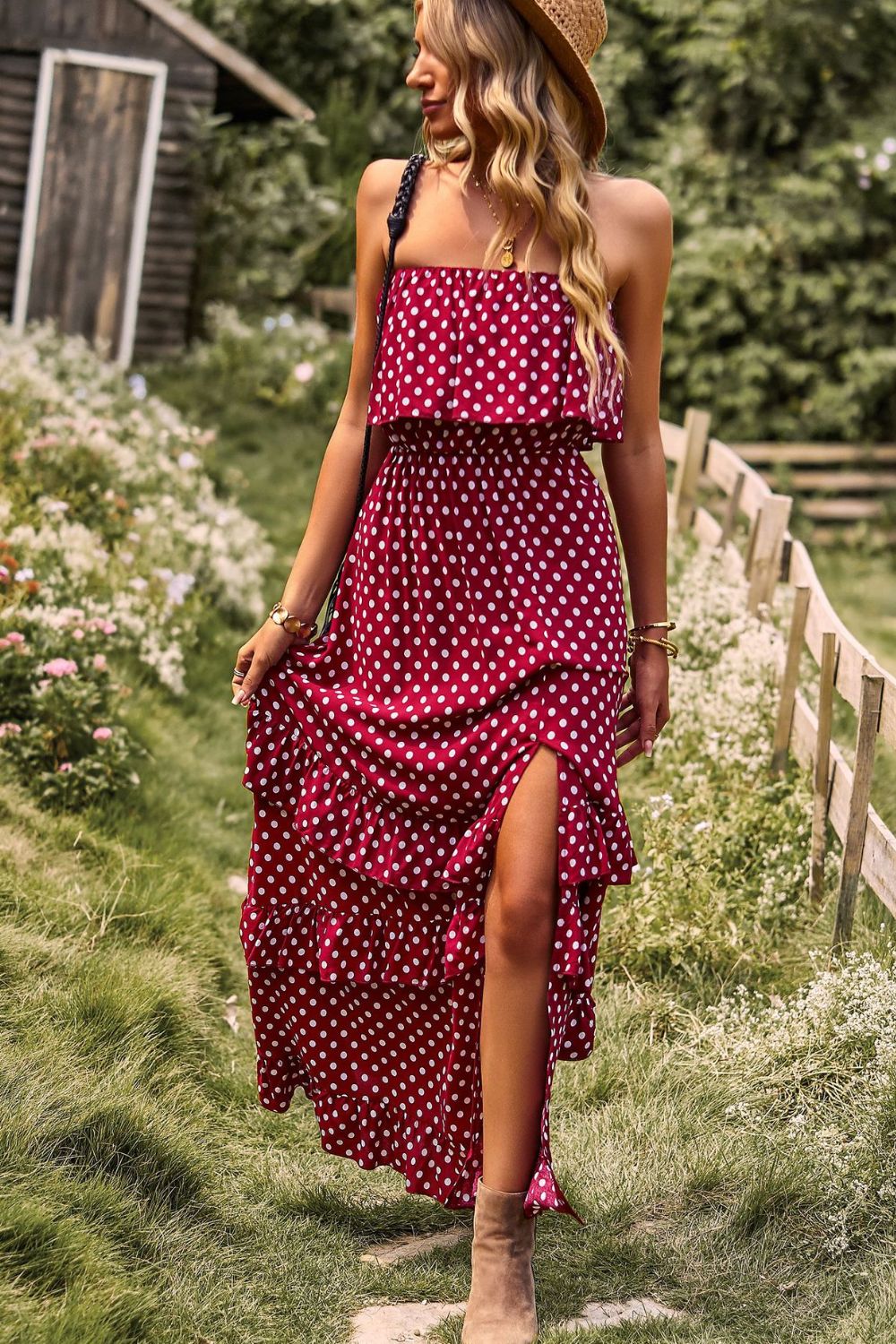 Polka Dot Strapless Slit Ruffled Maxi Dress - Lecatta