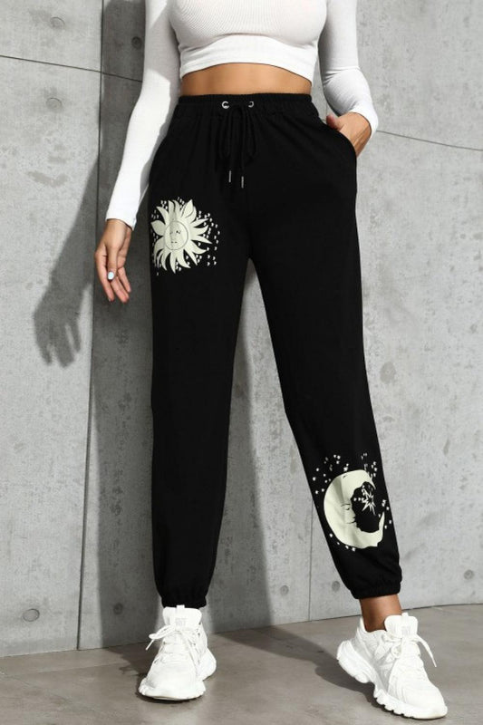 Sun and Moon Graphic Drawstring Joggers - Lecatta