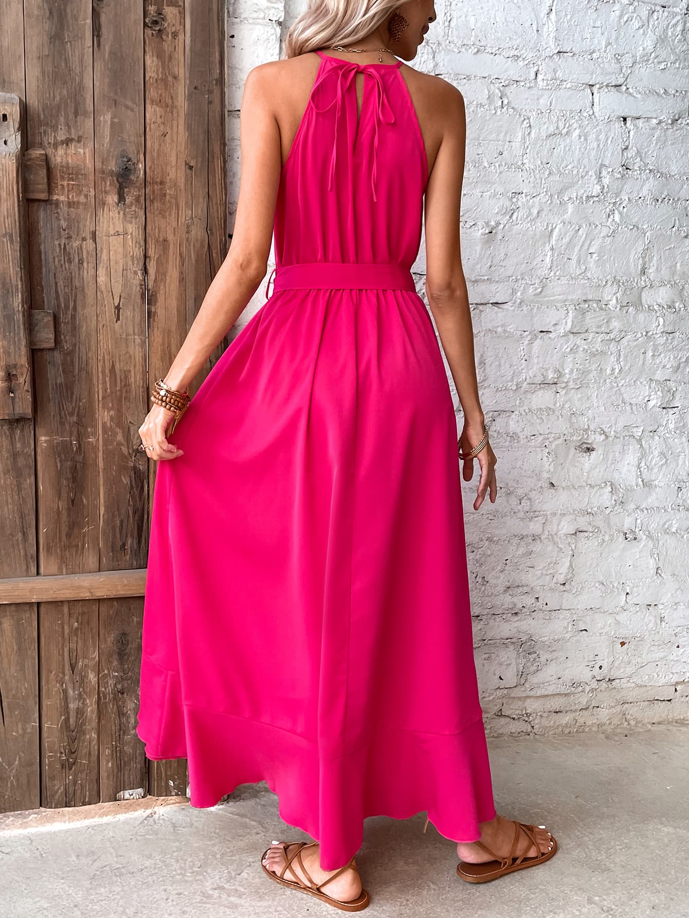 Grecian Neck Tie Belt Dress - Lecatta