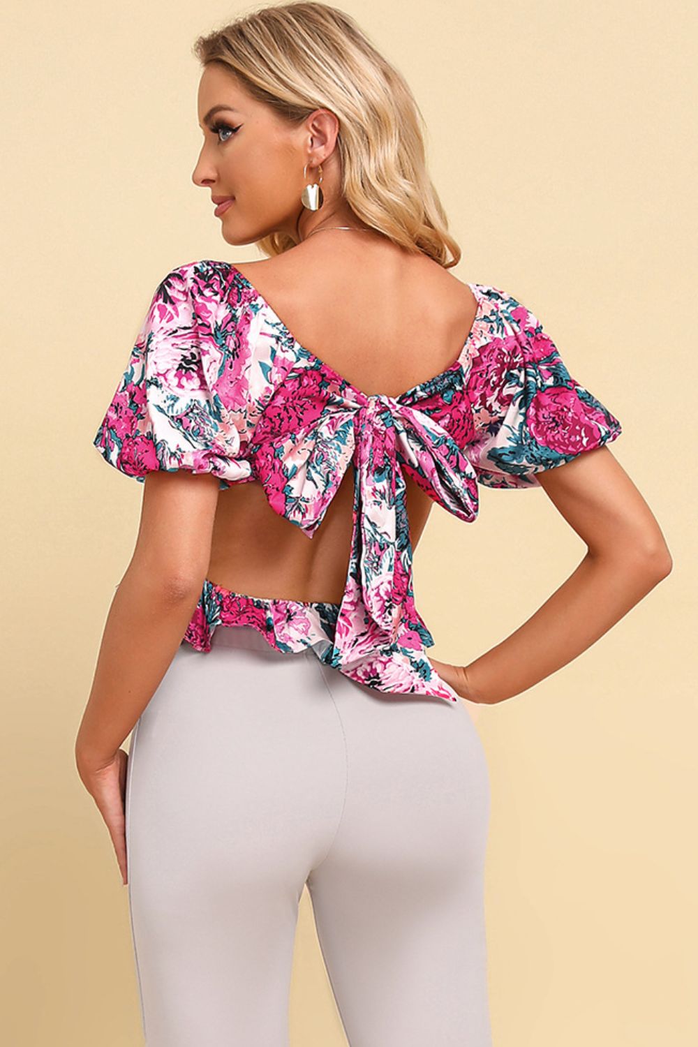 Floral Tied Cropped Peplum Blouse - Lecatta