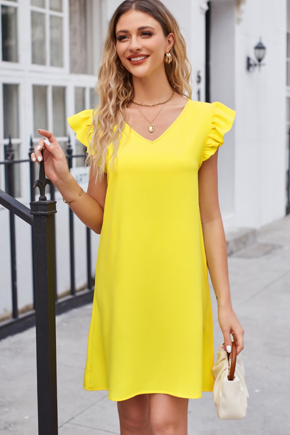 Ruffled V-Neck Flutter Sleeve Dress - Lecatta