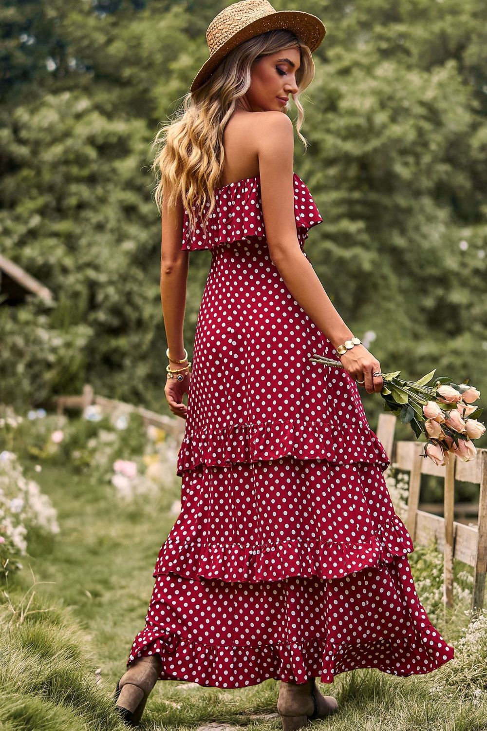 Polka Dot Strapless Slit Ruffled Maxi Dress - Lecatta