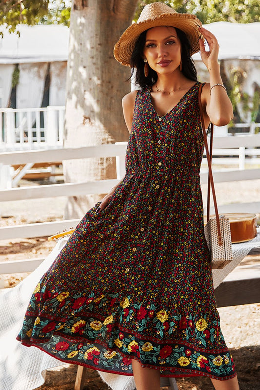 Floral Print Bohemian Style V-neck Sleeveless Midi Dress - Lecatta