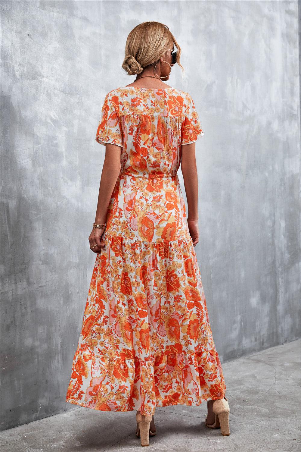 Floral Buttoned Drawstring Waist Tiered Dress - Lecatta