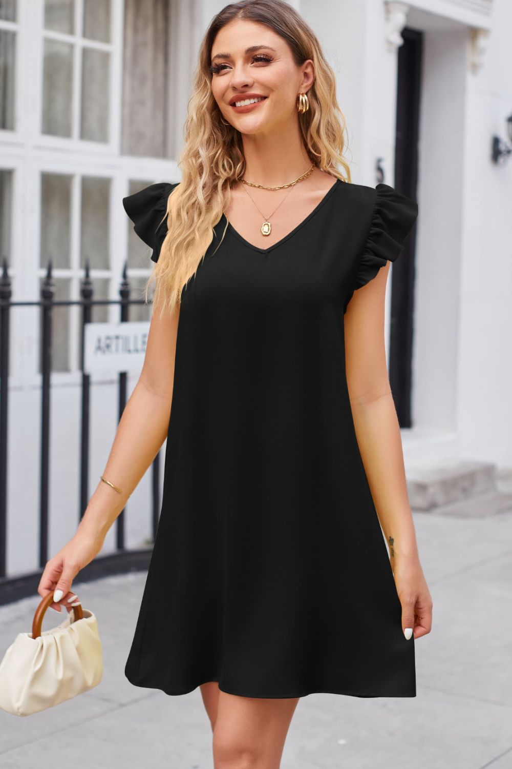 Ruffled V-Neck Flutter Sleeve Dress - Lecatta