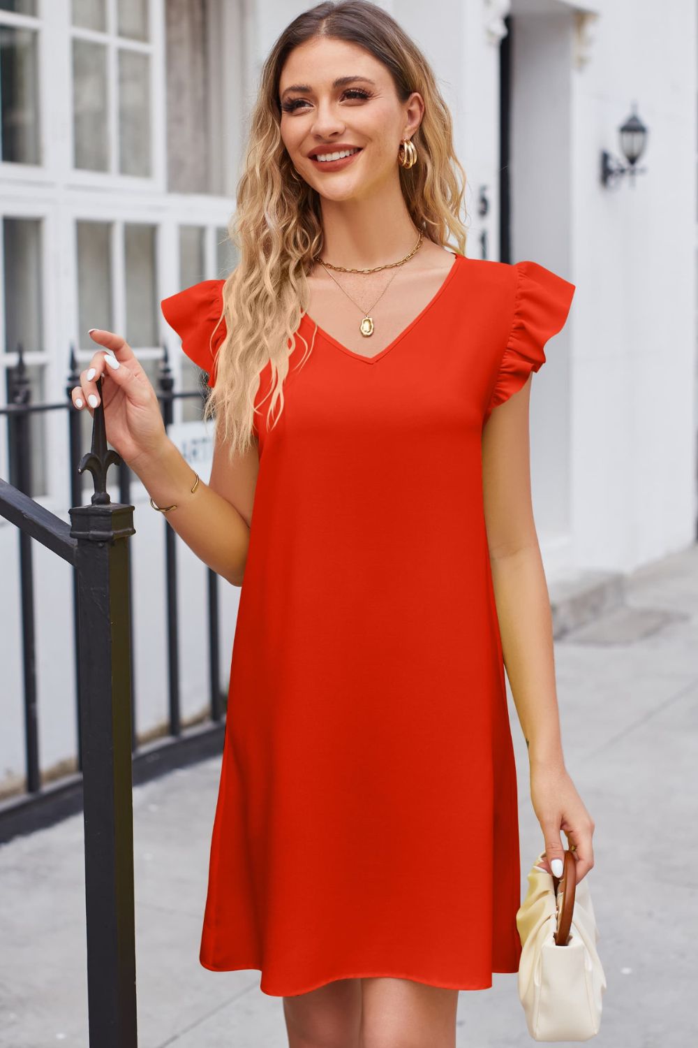 Ruffled V-Neck Flutter Sleeve Dress - Lecatta