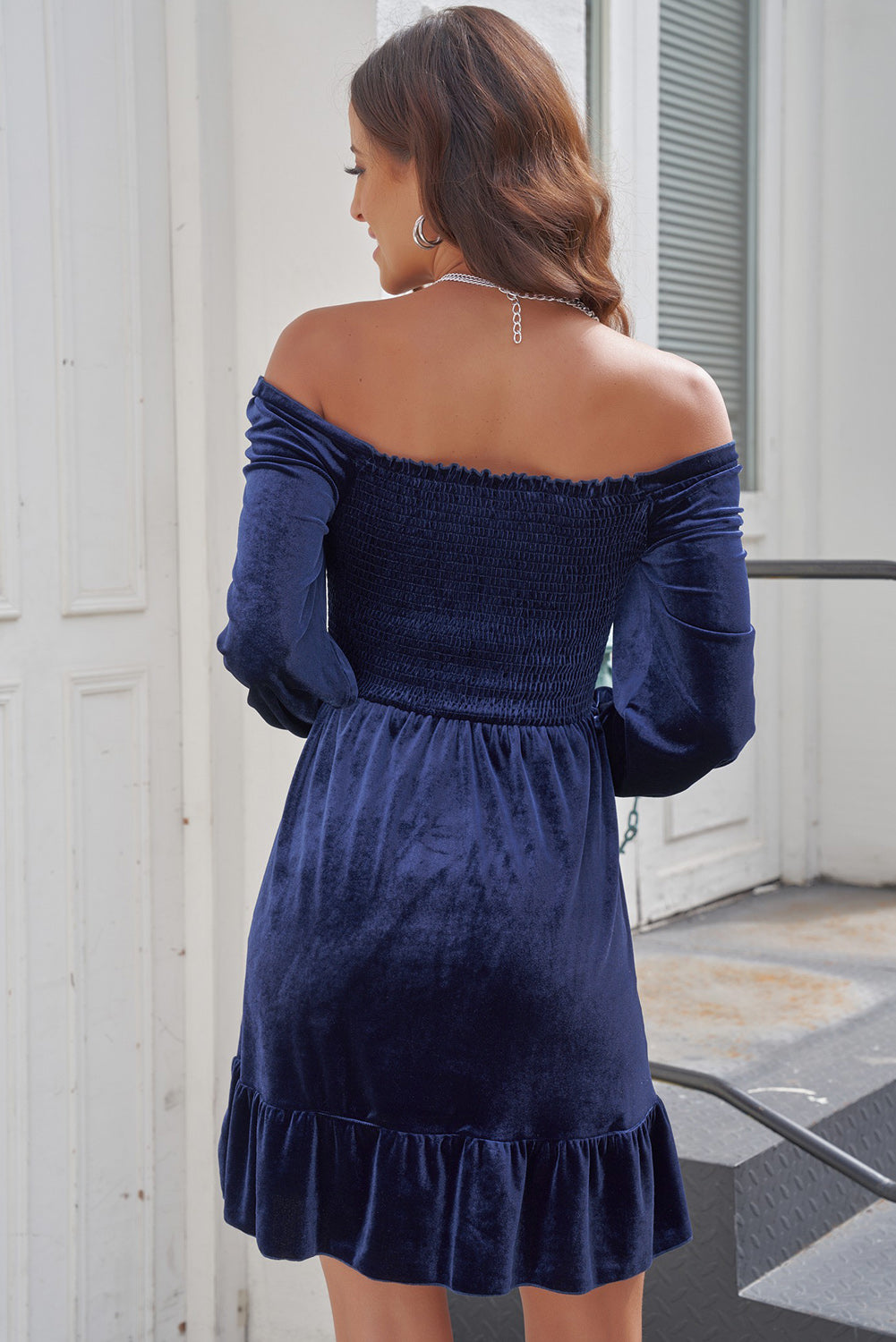 Off-Shoulder Smocked Ruffle Hem Dress - Lecatta