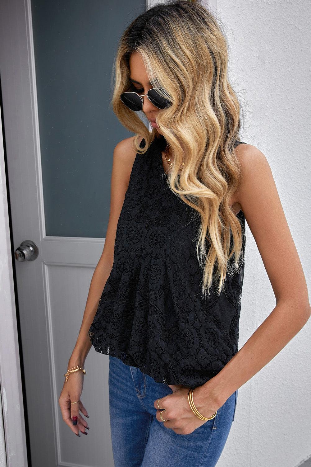 Lace Sleeveless Round Neck Top - Lecatta