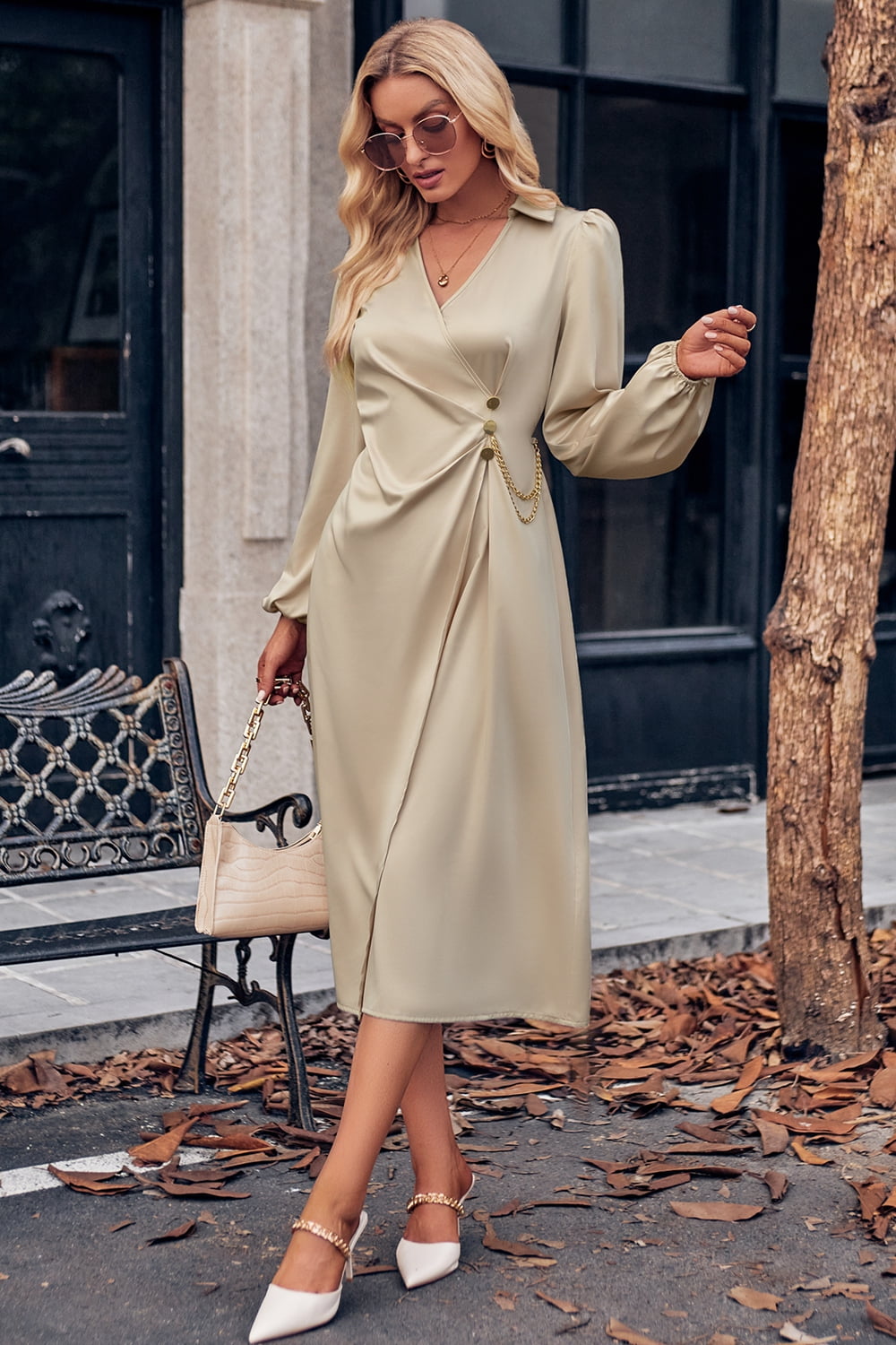 Surplice Neck Puff Sleeve Midi Dress - Lecatta