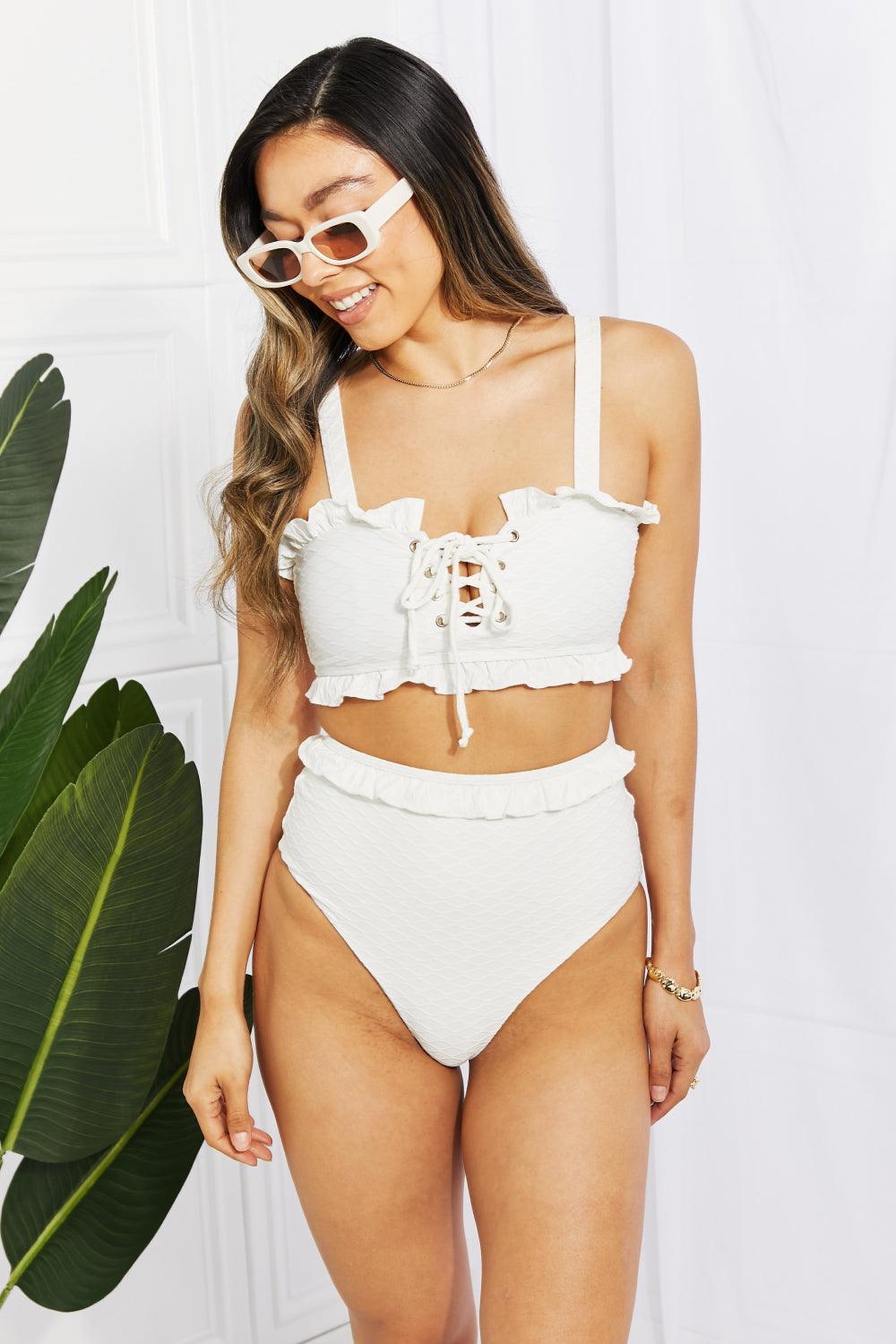 Frill Trim Lace-Up Bikini Set - Lecatta