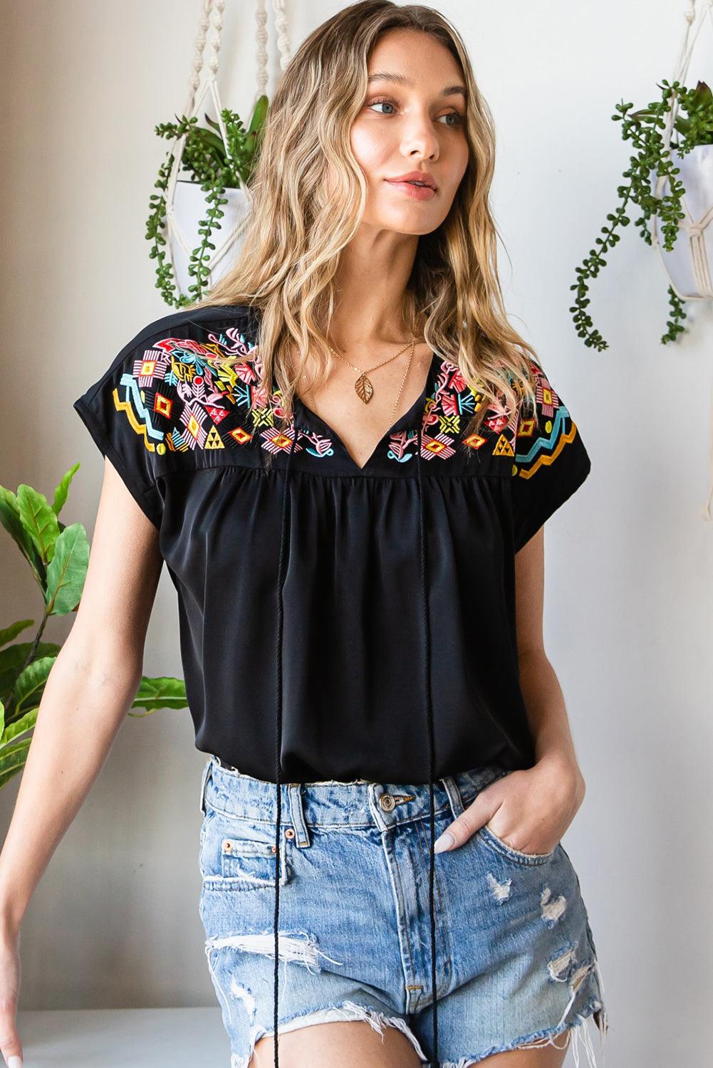 Embroidered Tie-Neck Tassel Blouse - Lecatta