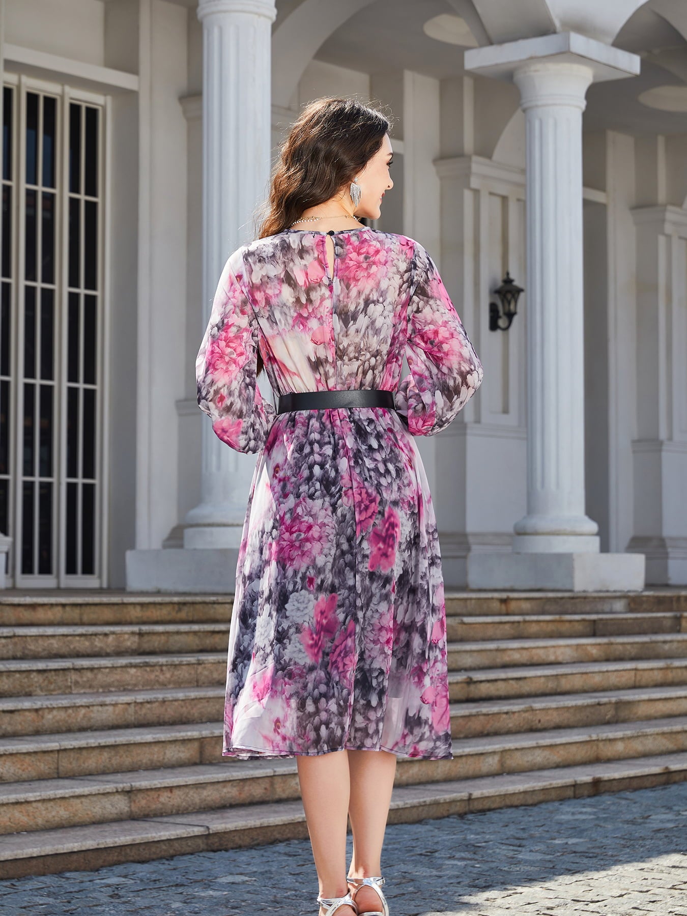 Floral Print Round Neck Balloon Sleeve Midi Dress - Lecatta