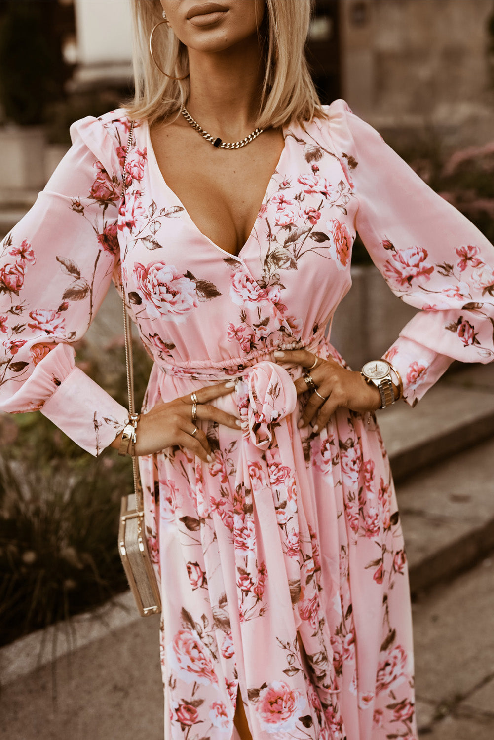 Floral Tie Belt Bishop Sleeve Slit Maxi Dress - Lecatta