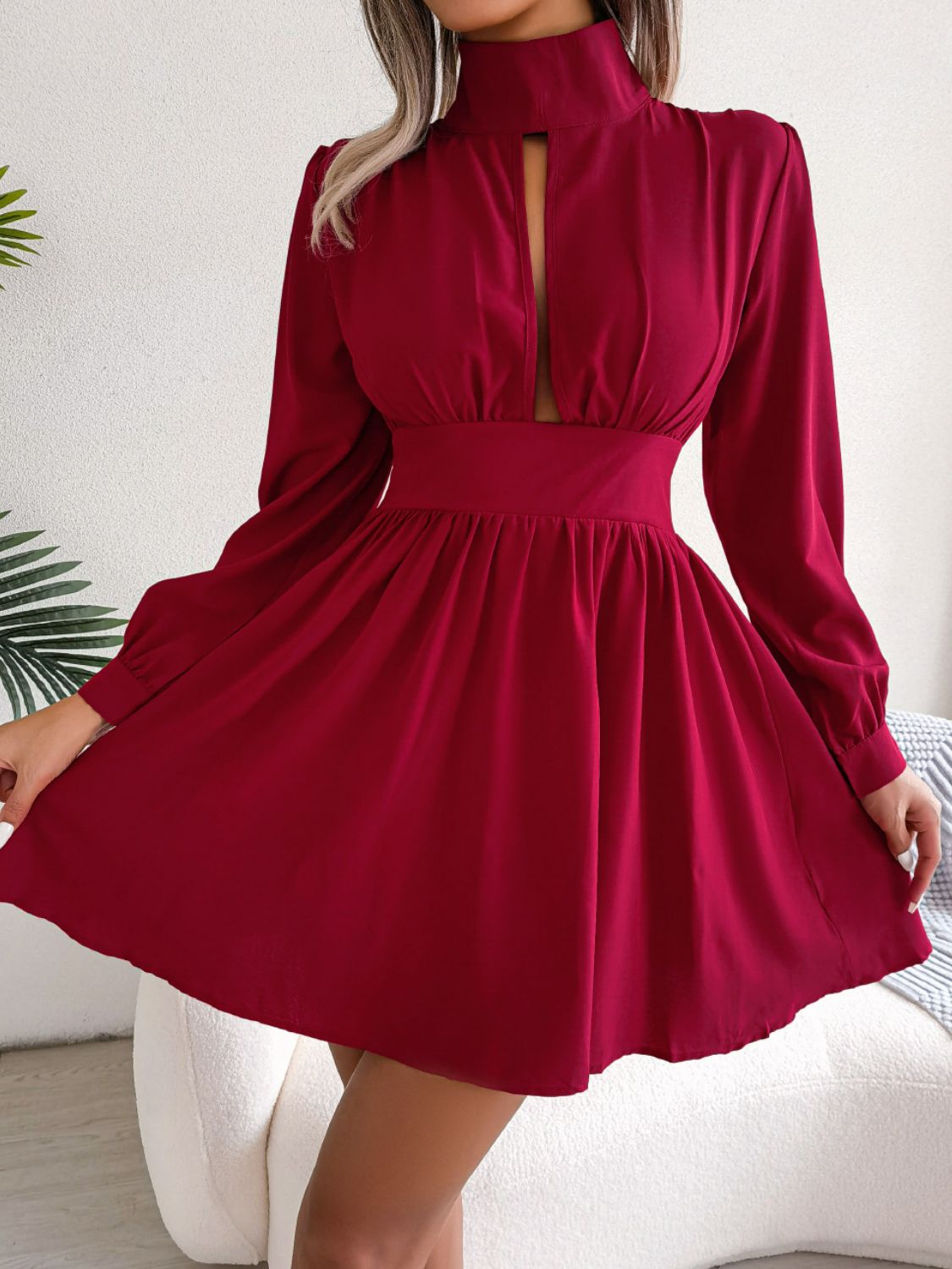 Cutout Turtleneck A-Line Mini Dress - Lecatta