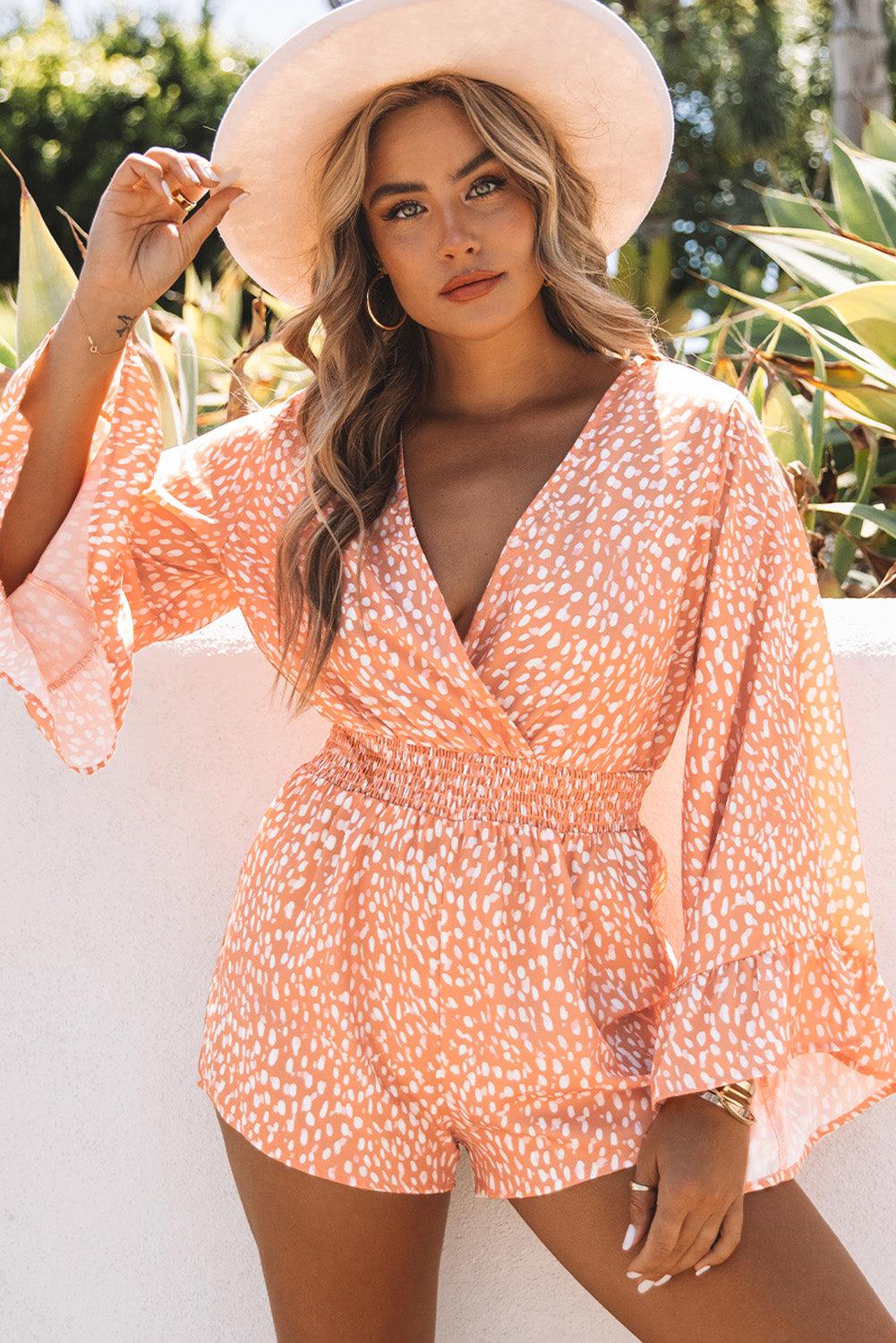 Printed Flare Sleeve Surplice Romper - Lecatta