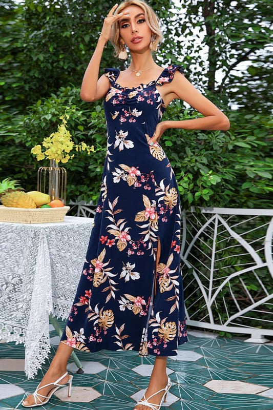 Floral Print Sleeveless Square Neck Slit Midi Dress - Lecatta