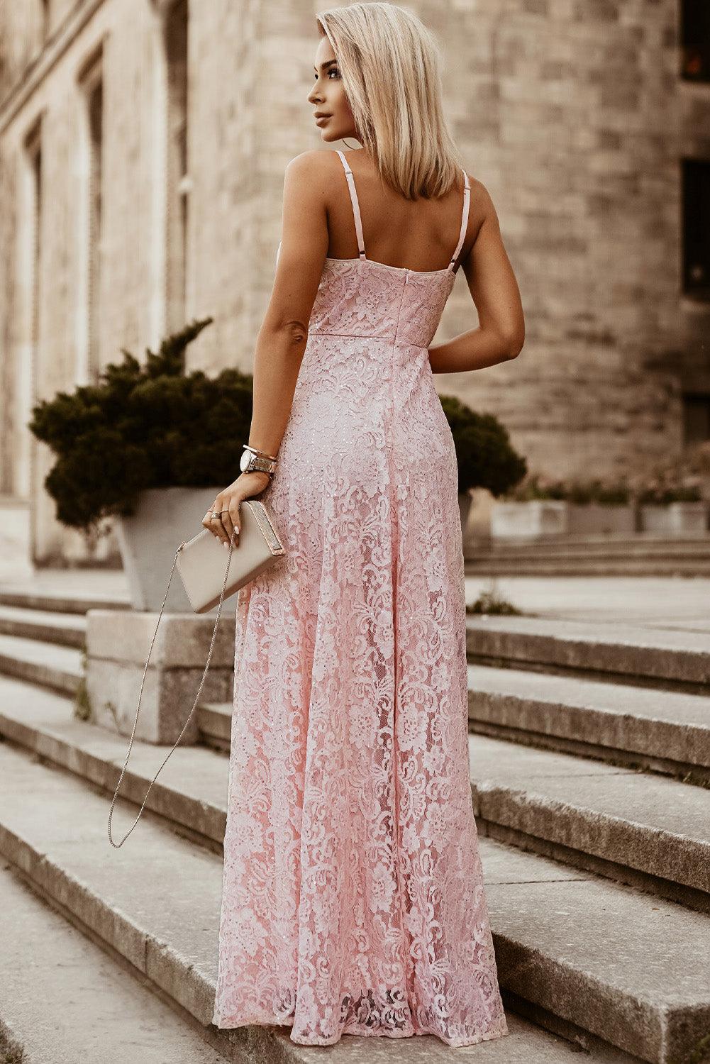 Spaghetti Strap Split Lace Maxi Dress - Lecatta