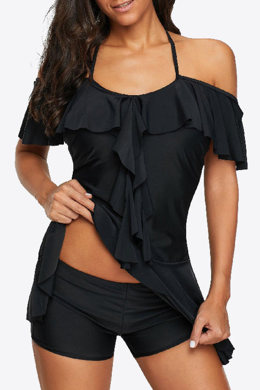 Ruffled Cold-Shoulder Two-Piece Swimsuit - Lecatta