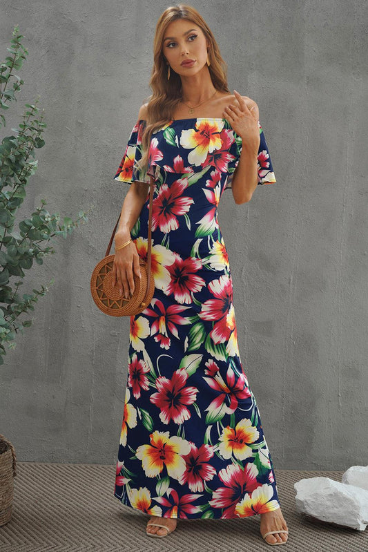 Floral Layered Off-Shoulder Maxi Dress - Lecatta