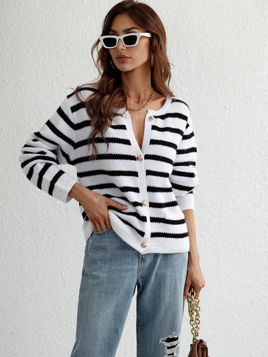 Striped Button Front Cardigan - Lecatta