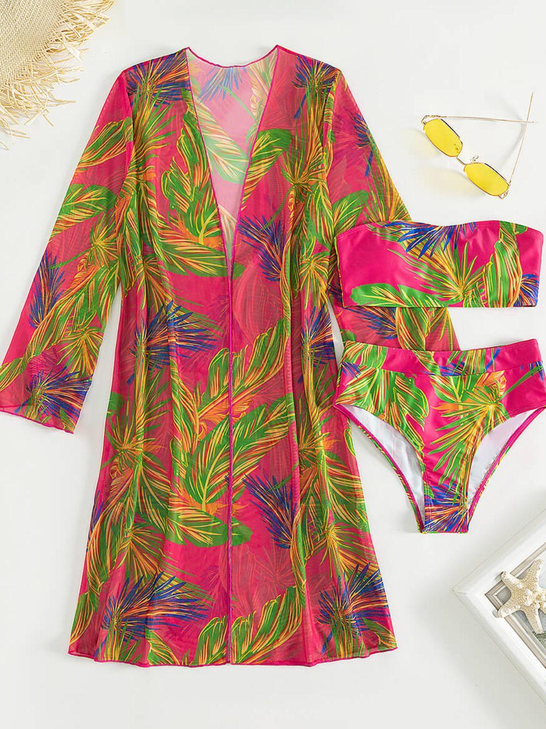 Botanical Print Tube Top, Swim Bottoms, and Cover Up Set - Lecatta