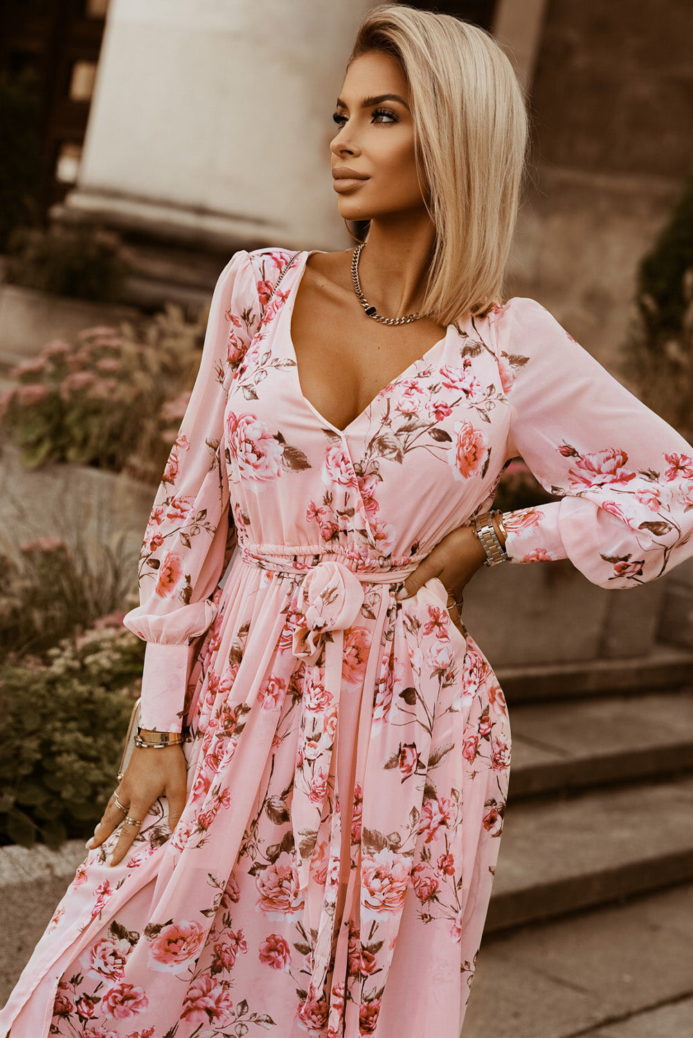 Floral Tie Belt Bishop Sleeve Slit Maxi Dress - Lecatta