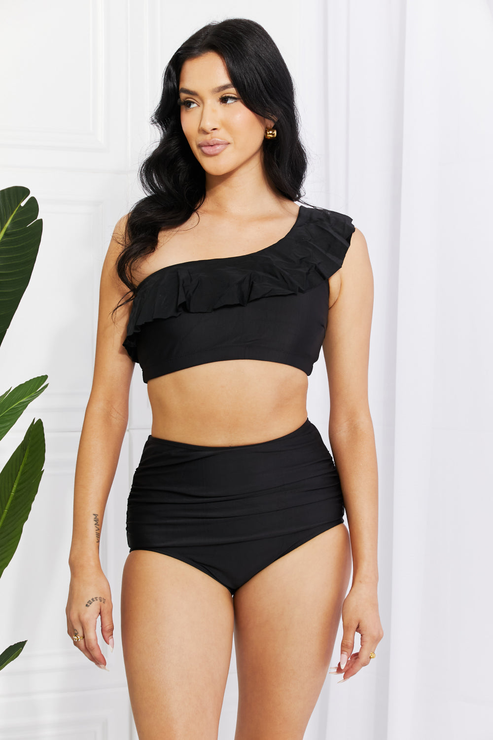 Ruffle One-Shoulder Bikini in Black - Lecatta