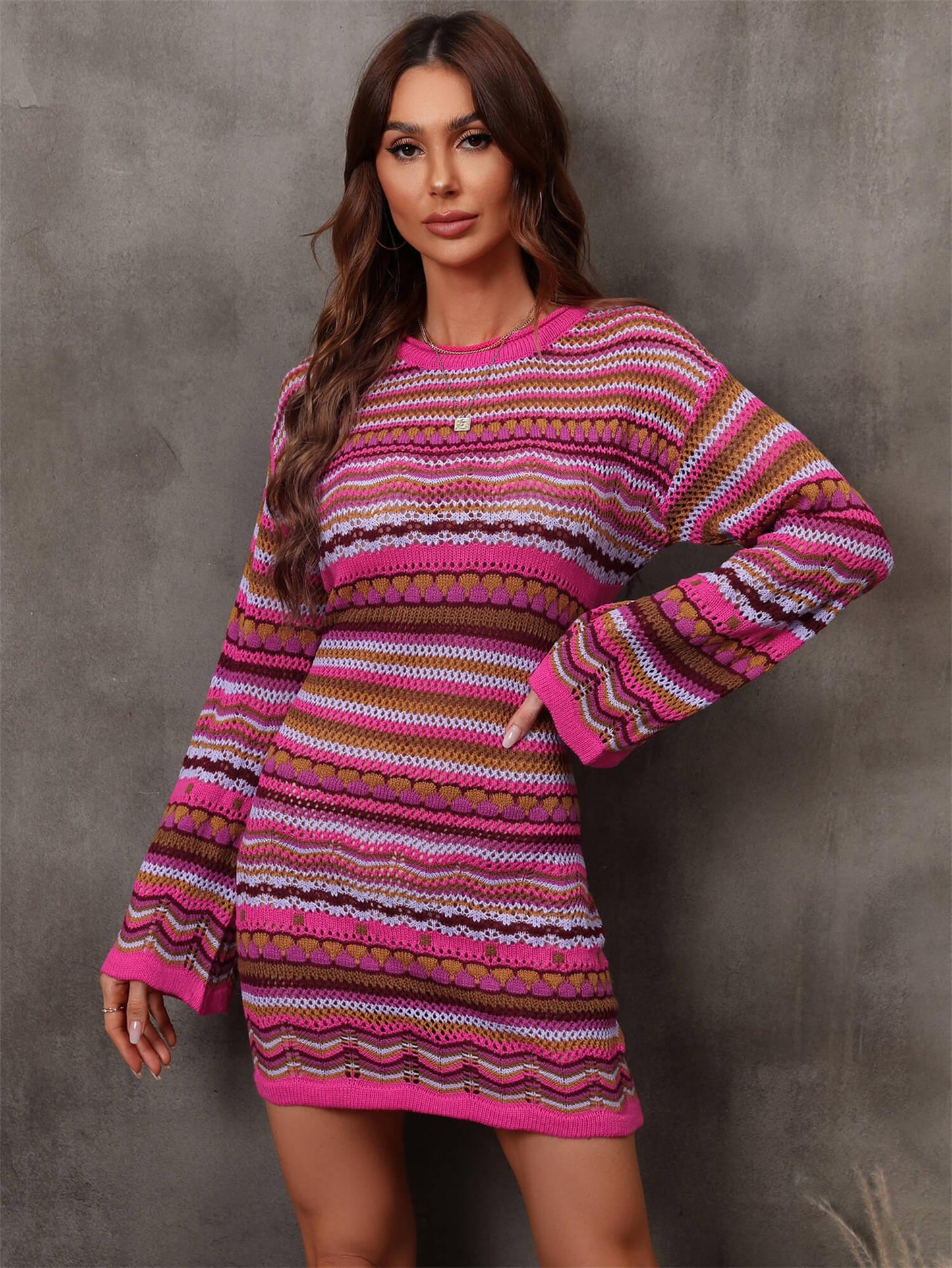 Multicolored Stripe Dropped Shoulder Sweater Dress - Lecatta