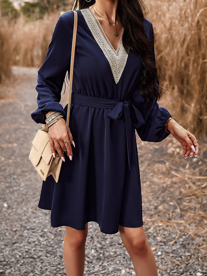 Long Sleeve Tie Waist V-Neck Mini Dress