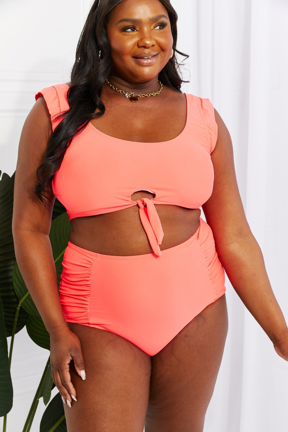 Crop Swim Top and Ruched Bottoms Set in Coral - Lecatta