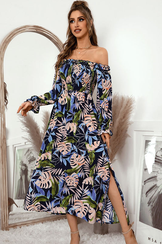 Botanical Print Off-Shoulder Flounce Sleeve Dress - Lecatta