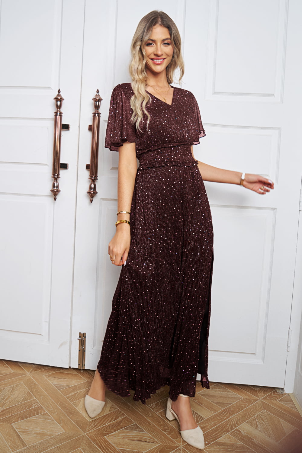 V-Neck High Slit Glitter Maxi Dress - Lecatta