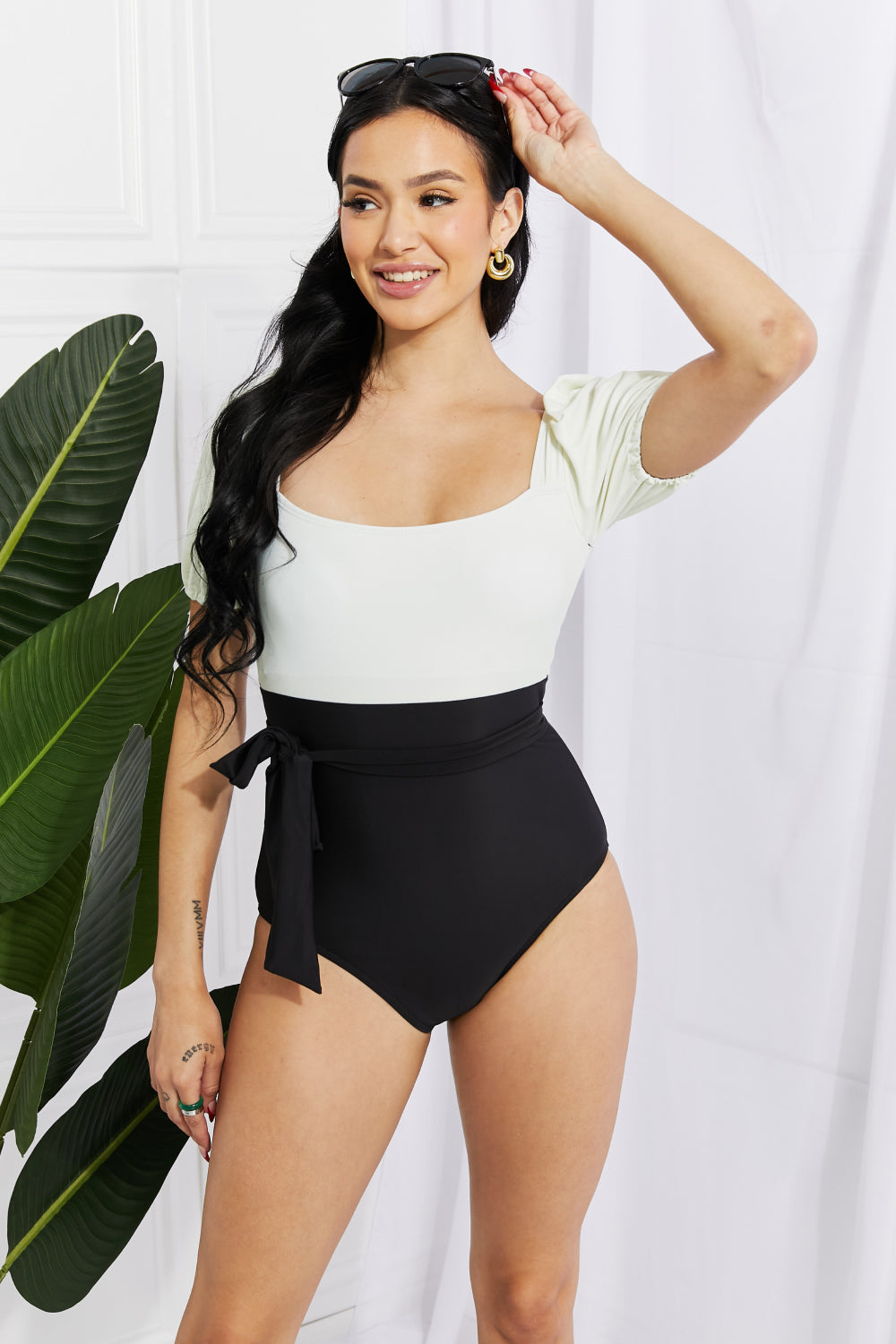 Puff Sleeve One-Piece in Cream/Black - Lecatta