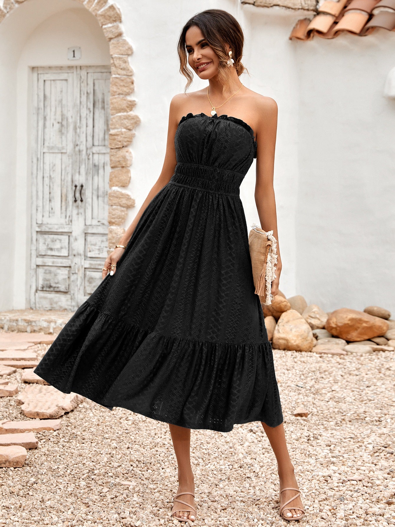 Frill Trim Strapless Midi Dress - Lecatta