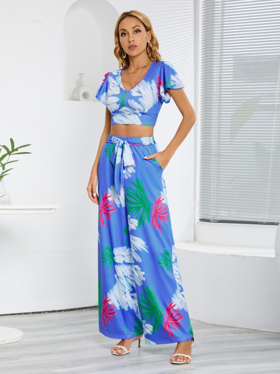 Printed V-Neck Top and Tied Pants Set