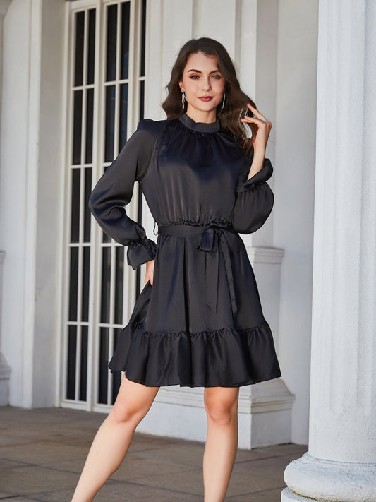 Ruffle Hem Tie Belt Mock Neck Knee Length Dress - Lecatta