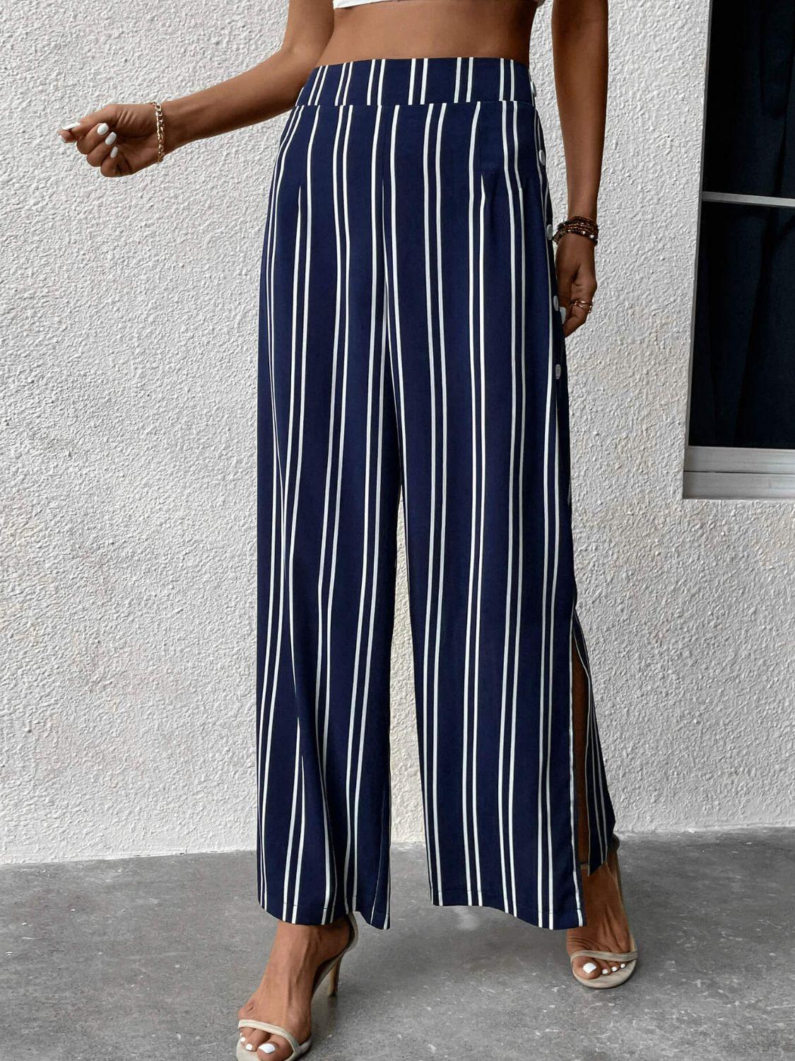 Striped Slit Wide Leg Pants - Lecatta