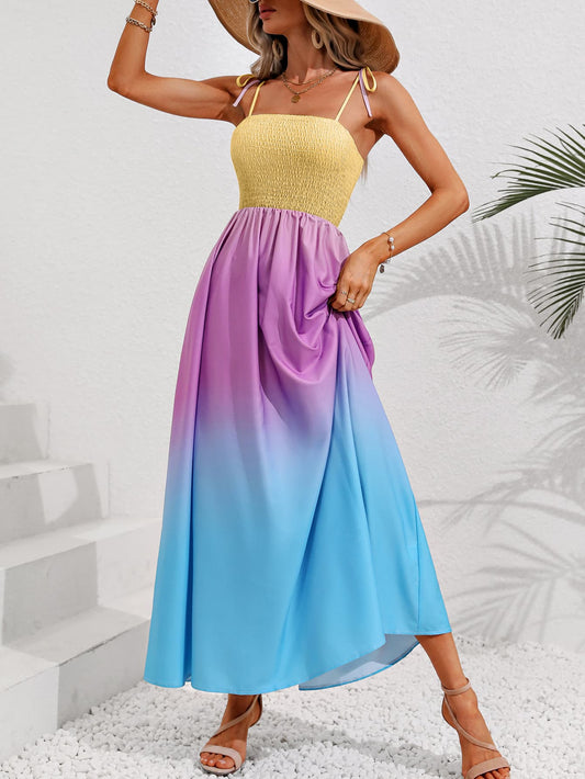 Color Block Tie Shoulder Smocked Maxi Dress - Lecatta