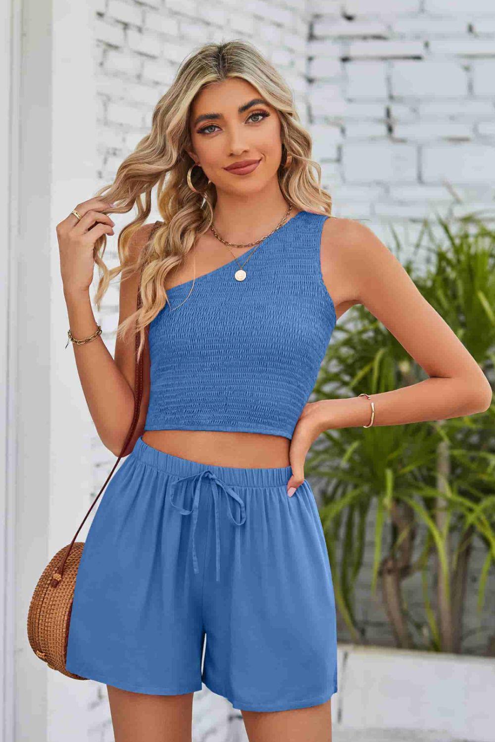 Smocked One-Shoulder Sleeveless Top and Shorts Set - Lecatta