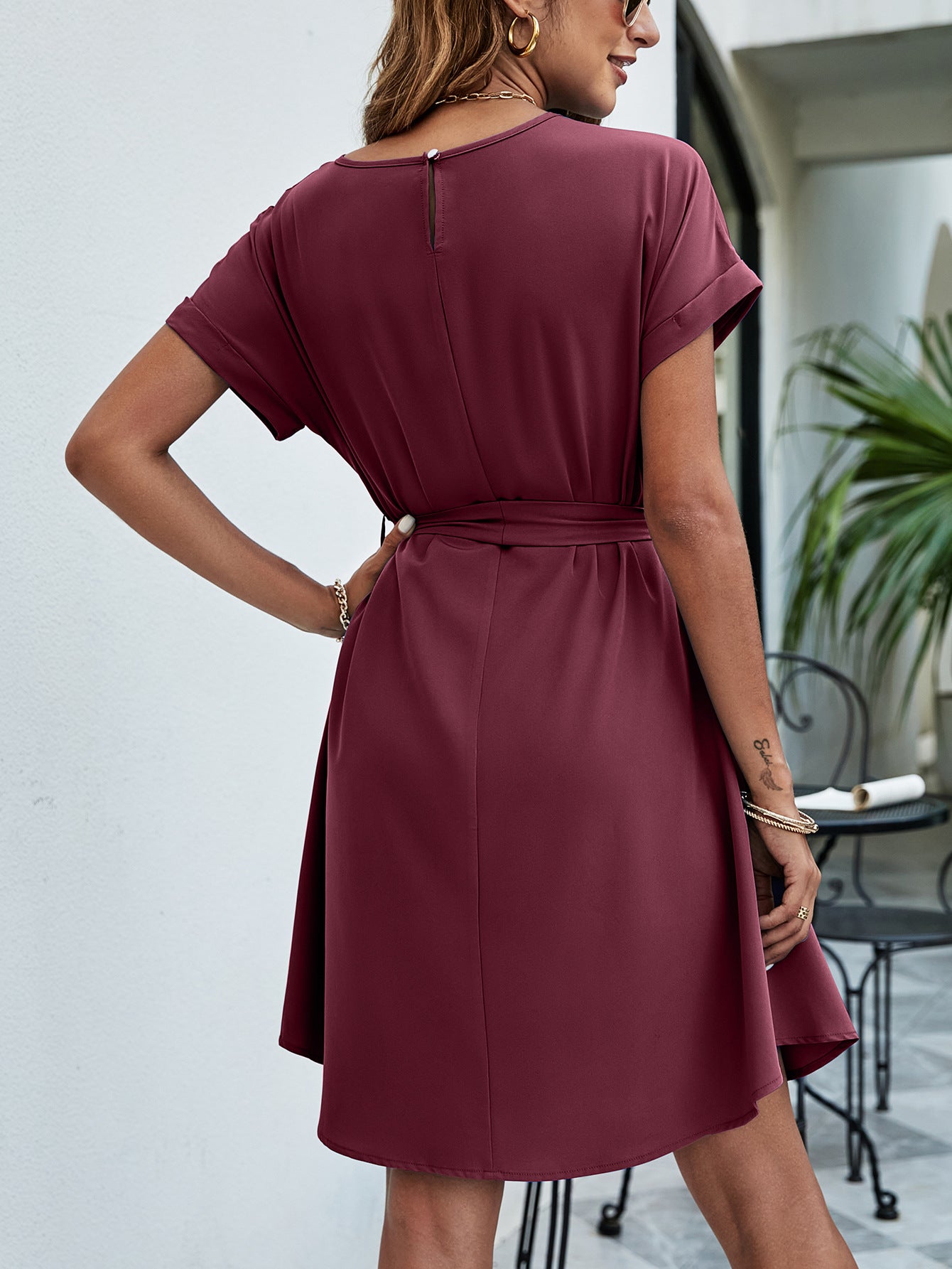 Belted Round Neck Curved Hem Dress - Lecatta