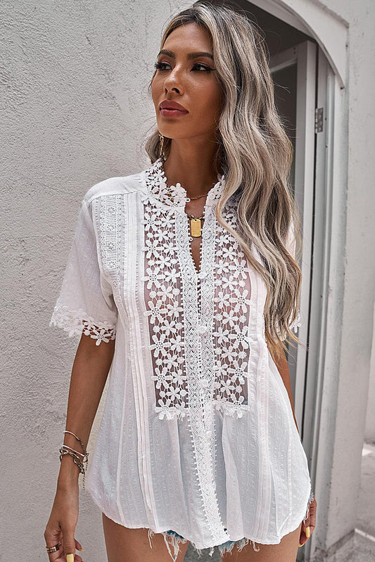 Buttoned Spliced Lace Blouse - Lecatta