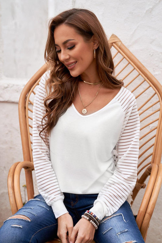 Sheer Striped V-Neck Top - Lecatta