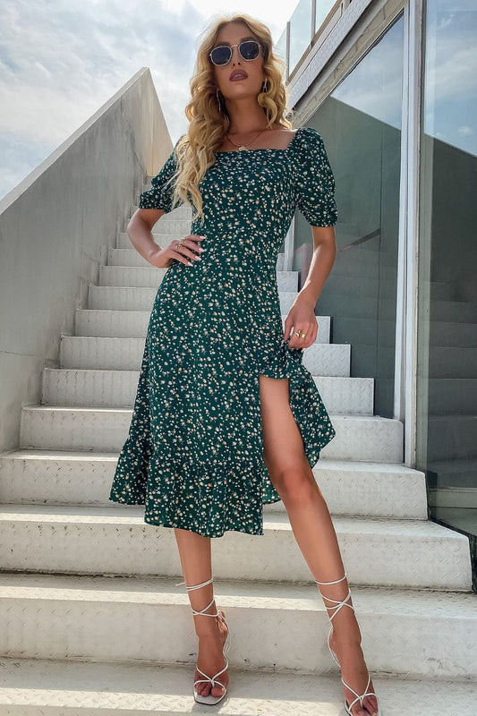 Floral Square Neck Slit Dress - Lecatta