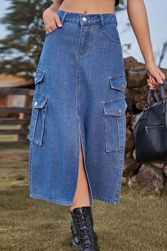 Slit Front Midi Denim Skirt with Pockets - Lecatta