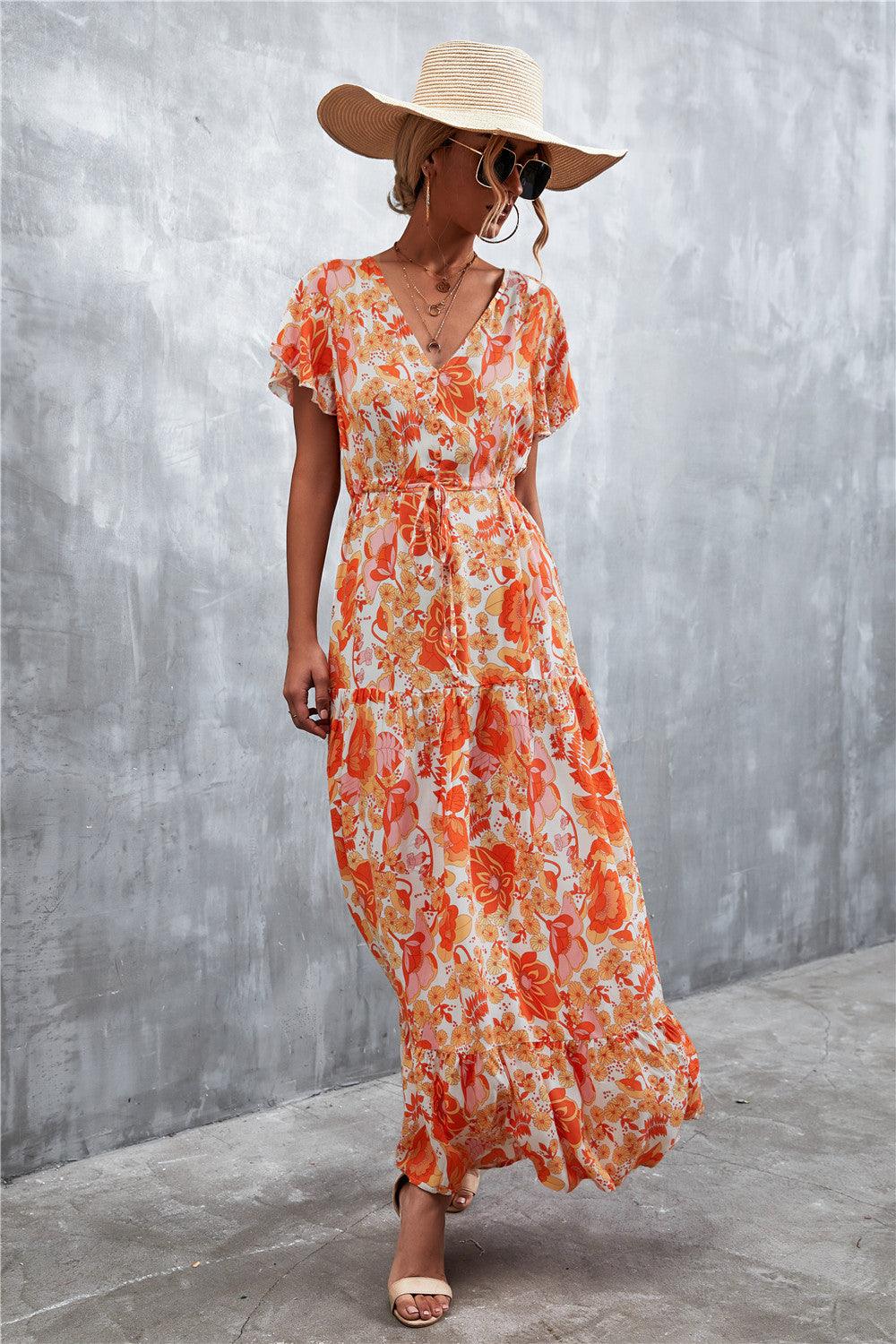 Floral Buttoned Drawstring Waist Tiered Dress - Lecatta