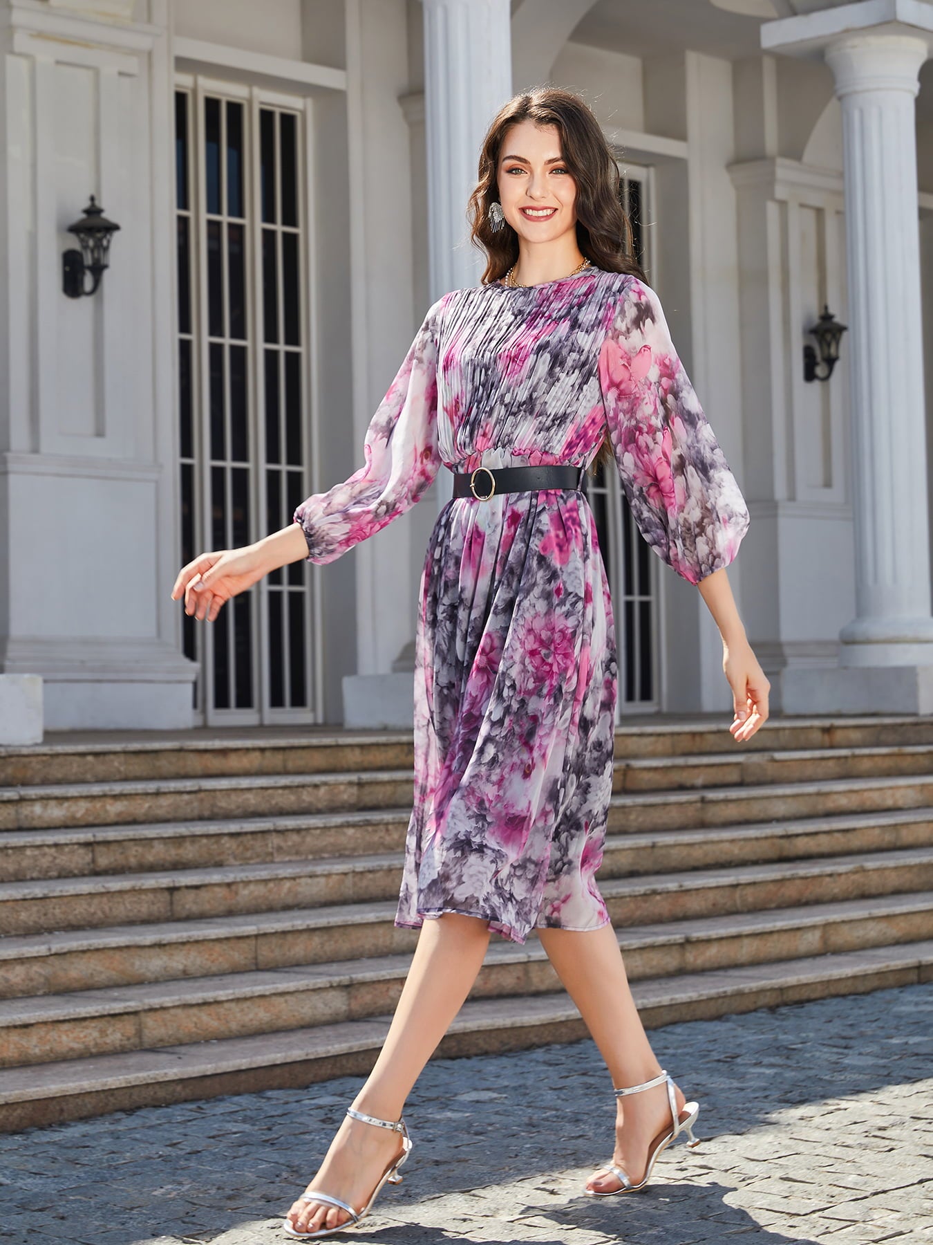 Floral Print Round Neck Balloon Sleeve Midi Dress - Lecatta