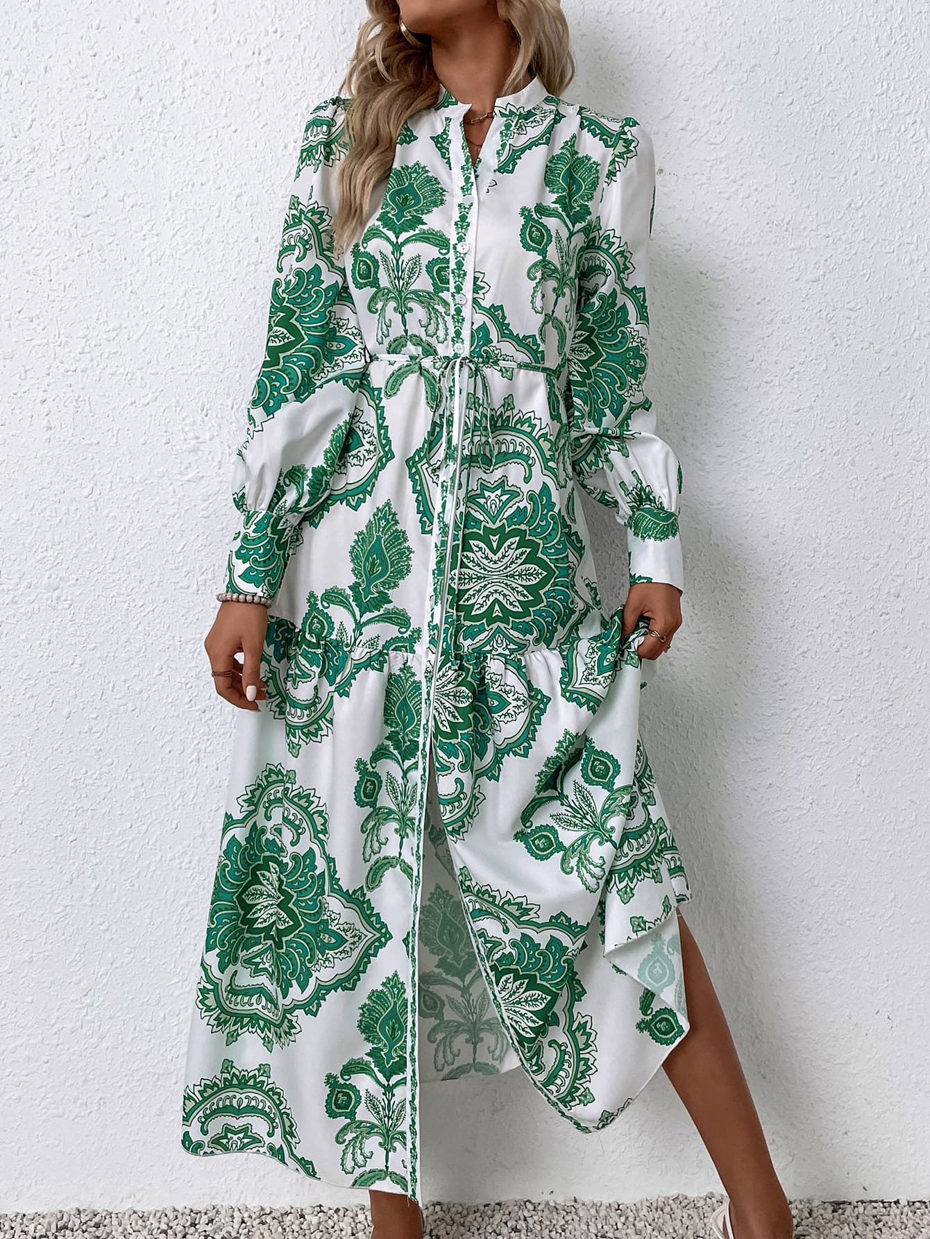 Printed Tie Waist Notched Neck Midi Dress - Lecatta