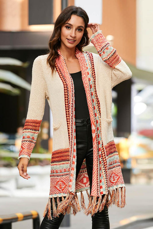 Multicolored Tassel Hem Open Front Cardigan - Lecatta