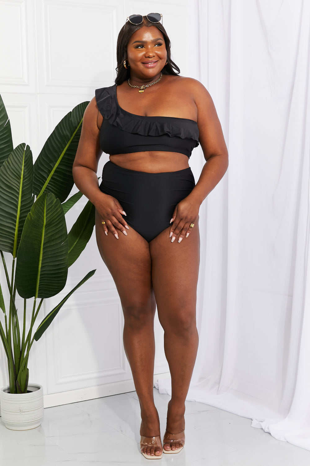 Ruffle One-Shoulder Bikini in Black - Lecatta